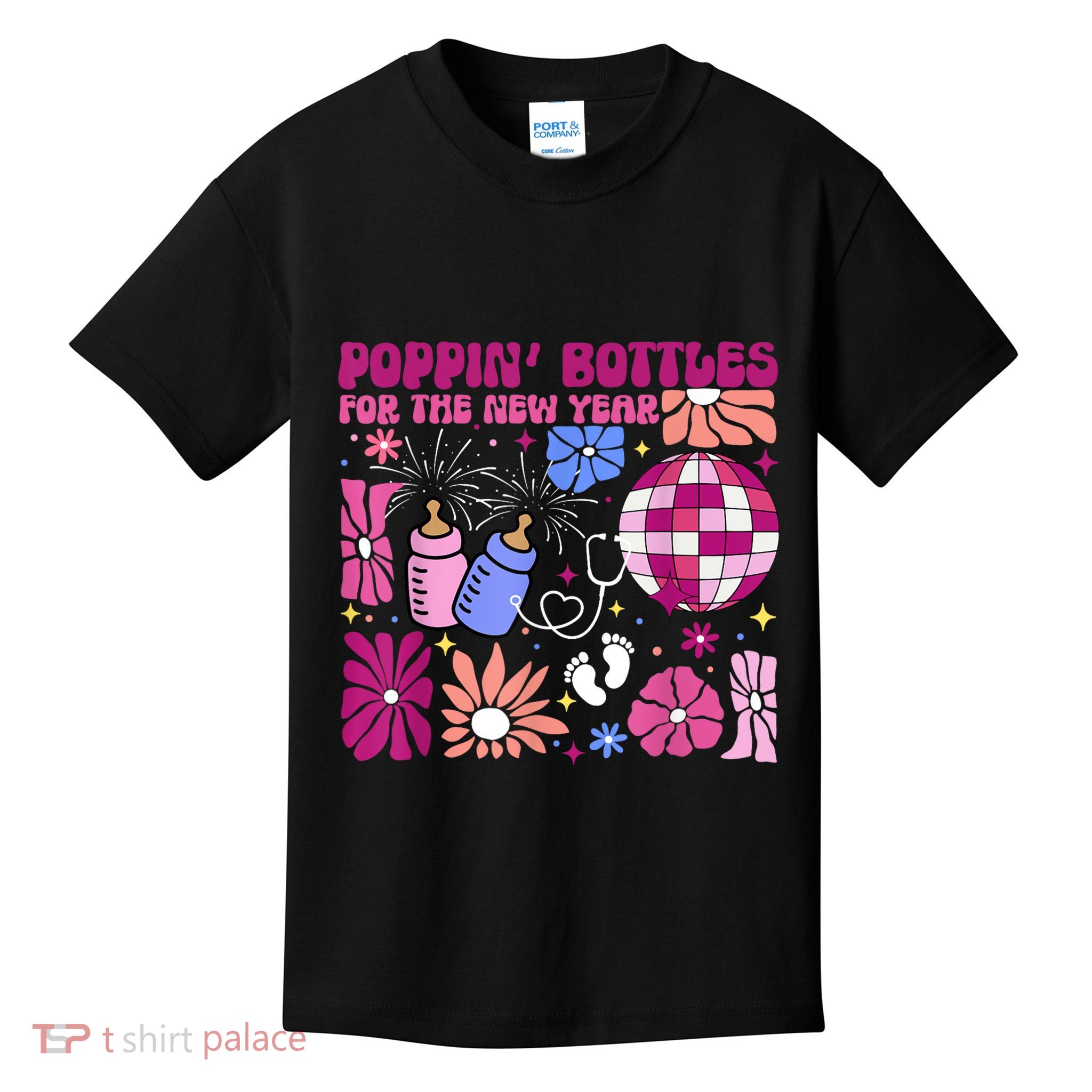 Boho Floral Nicu Crew Nurse Poppin Bottles For The New Year Kids T-Shirt