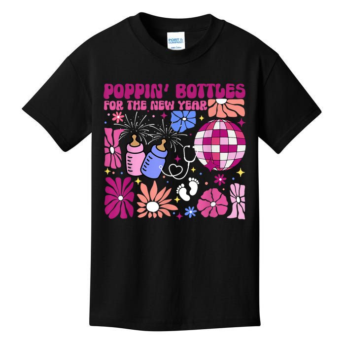 Boho Floral Nicu Crew Nurse Poppin Bottles For The New Year Kids T-Shirt