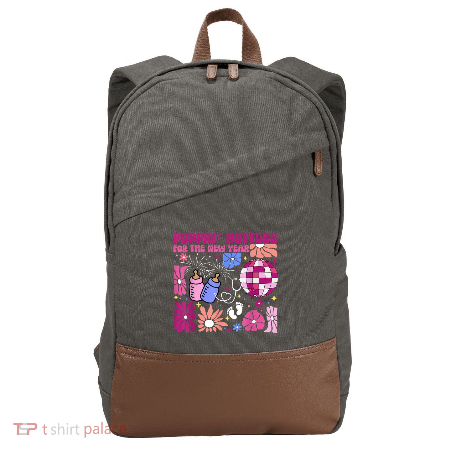 Boho Floral Nicu Crew Nurse Poppin Bottles For The New Year Cotton Canvas Backpack