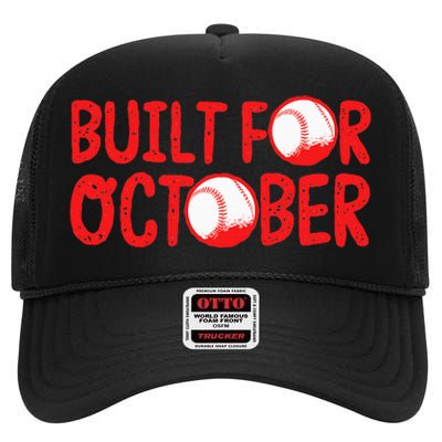 Built For October Baseball Month Playoffs Retro Swing Red High Crown Mesh Back Trucker Hat