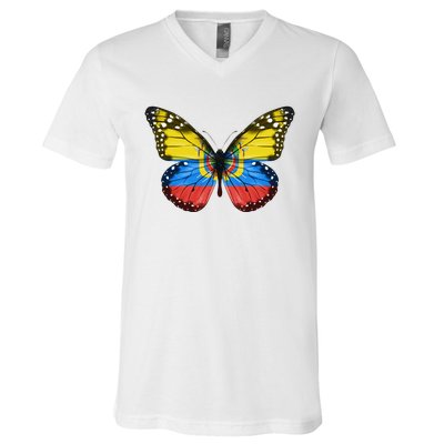 Butterfly Flag Of Ecuador V-Neck T-Shirt