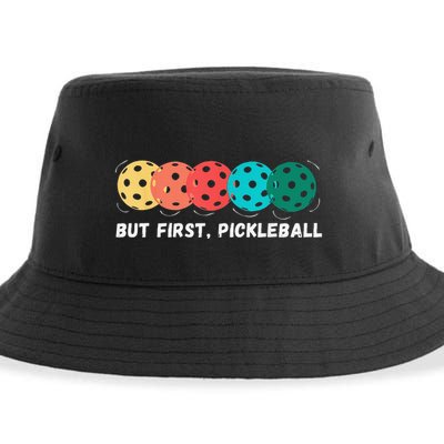 But First Pickleball Funny Vintage Pickleball Player Sustainable Bucket Hat