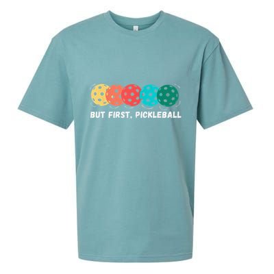 But First Pickleball Funny Vintage Pickleball Player Sueded Cloud Jersey T-Shirt