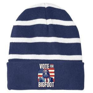 Bigfoot For President Election Vote Sasquatch Usa Flag 2024 Striped Beanie with Solid Band