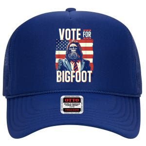 Bigfoot For President Election Vote Sasquatch Usa Flag 2024 High Crown Mesh Back Trucker Hat