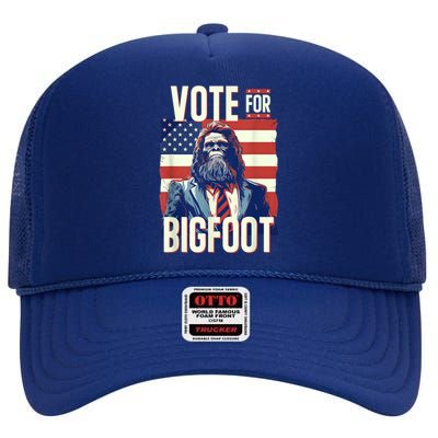 Bigfoot For President Election Vote Sasquatch Usa Flag 2024 High Crown Mesh Back Trucker Hat