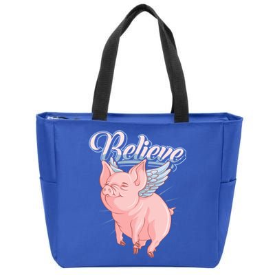 Believe Flying Pig With Wings Animal Motivational Novelty Gift Zip Tote Bag