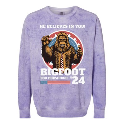 Bigfoot For President 2024 He Believes In You Sasquatch Colorblast Crewneck Sweatshirt