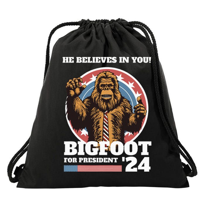 Bigfoot For President 2024 He Believes In You Sasquatch Drawstring Bag