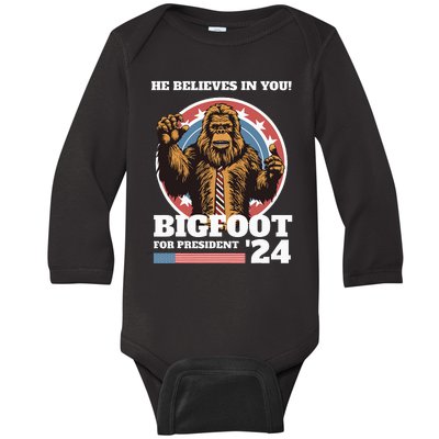 Bigfoot For President 2024 He Believes In You Sasquatch Baby Long Sleeve Bodysuit