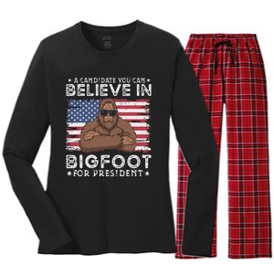 Bigfoot For President Election 2024 Funny Vote Sasquatch Usa Women's Long Sleeve Flannel Pajama Set 