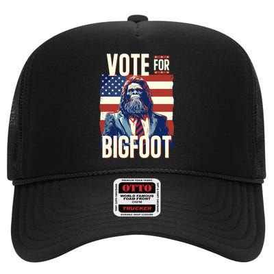 Bigfoot For President Election Vote Sasquatch USA Flag 2024 High Crown Mesh Back Trucker Hat