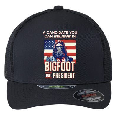 Bigfoot For President Believe Vote Elect Sasquatch Candidate Flexfit Unipanel Trucker Cap