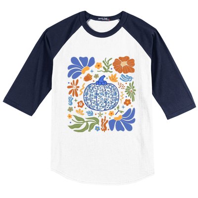 Blue Floral Pumpkin Thanksgiving Autumn Fall Season Halloween Baseball Sleeve Shirt