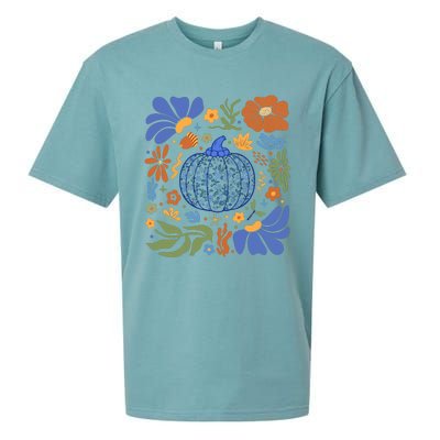 Blue Floral Pumpkin Thanksgiving Autumn Fall Season Halloween Sueded Cloud Jersey T-Shirt