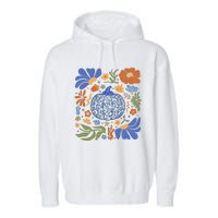 Blue Floral Pumpkin Thanksgiving Autumn Fall Season Halloween Garment-Dyed Fleece Hoodie