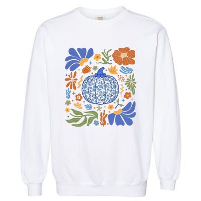 Blue Floral Pumpkin Thanksgiving Autumn Fall Season Halloween Garment-Dyed Sweatshirt