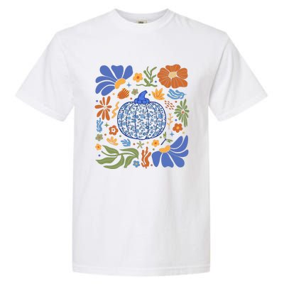 Blue Floral Pumpkin Thanksgiving Autumn Fall Season Halloween Garment-Dyed Heavyweight T-Shirt