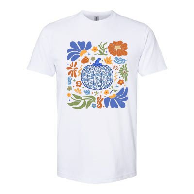 Blue Floral Pumpkin Thanksgiving Autumn Fall Season Halloween Softstyle CVC T-Shirt