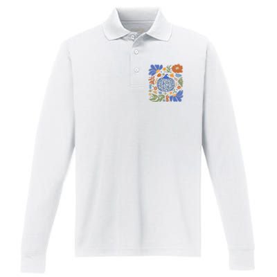 Blue Floral Pumpkin Thanksgiving Autumn Fall Season Halloween Performance Long Sleeve Polo