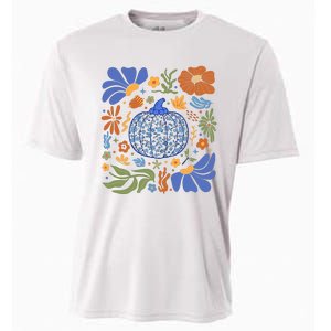 Blue Floral Pumpkin Thanksgiving Autumn Fall Season Halloween Cooling Performance Crew T-Shirt