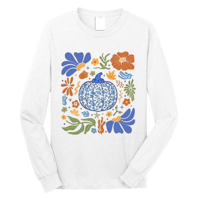 Blue Floral Pumpkin Thanksgiving Autumn Fall Season Halloween Long Sleeve Shirt