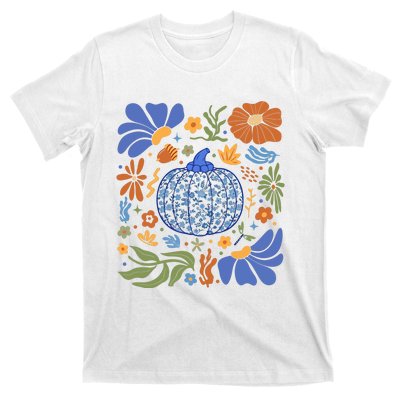 Blue Floral Pumpkin Thanksgiving Autumn Fall Season Halloween T-Shirt