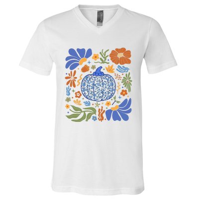 Blue Floral Pumpkin Thanksgiving Autumn Fall Season Halloween V-Neck T-Shirt