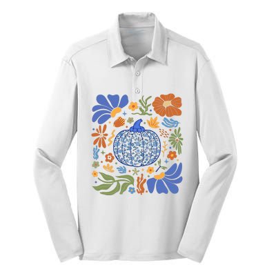 Blue Floral Pumpkin Thanksgiving Autumn Fall Season Halloween Silk Touch Performance Long Sleeve Polo