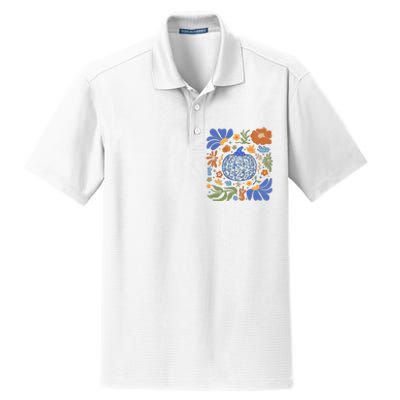 Blue Floral Pumpkin Thanksgiving Autumn Fall Season Halloween Dry Zone Grid Polo