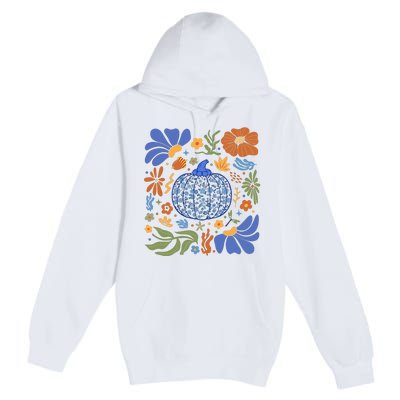 Blue Floral Pumpkin Thanksgiving Autumn Fall Season Halloween Premium Pullover Hoodie