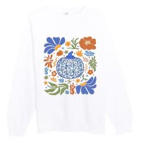 Blue Floral Pumpkin Thanksgiving Autumn Fall Season Halloween Premium Crewneck Sweatshirt