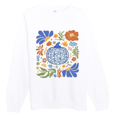 Blue Floral Pumpkin Thanksgiving Autumn Fall Season Halloween Premium Crewneck Sweatshirt