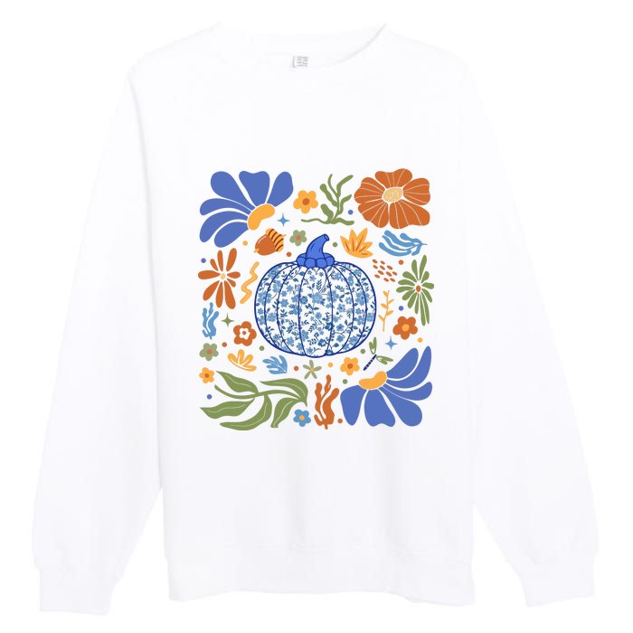 Blue Floral Pumpkin Thanksgiving Autumn Fall Season Halloween Premium Crewneck Sweatshirt