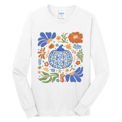 Blue Floral Pumpkin Thanksgiving Autumn Fall Season Halloween Tall Long Sleeve T-Shirt