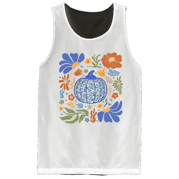 Blue Floral Pumpkin Thanksgiving Autumn Fall Season Halloween Mesh Reversible Basketball Jersey Tank