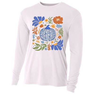 Blue Floral Pumpkin Thanksgiving Autumn Fall Season Halloween Cooling Performance Long Sleeve Crew