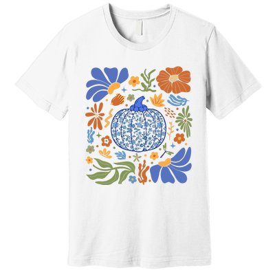 Blue Floral Pumpkin Thanksgiving Autumn Fall Season Halloween Premium T-Shirt