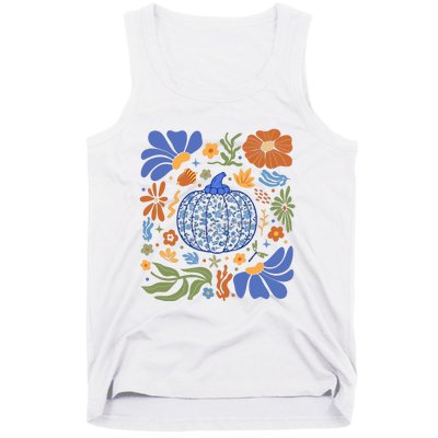 Blue Floral Pumpkin Thanksgiving Autumn Fall Season Halloween Tank Top