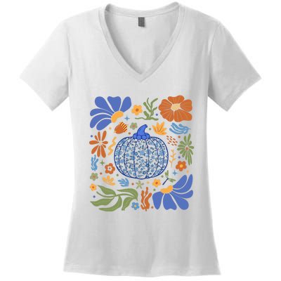 Blue Floral Pumpkin Thanksgiving Autumn Fall Season Halloween Women's V-Neck T-Shirt