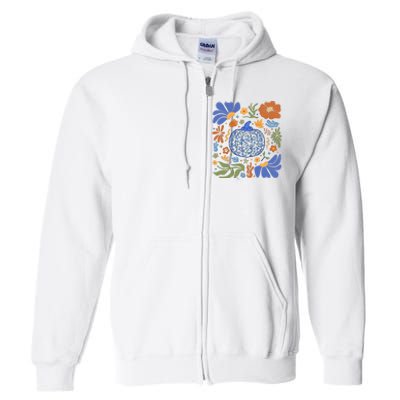 Blue Floral Pumpkin Thanksgiving Autumn Fall Season Halloween Full Zip Hoodie