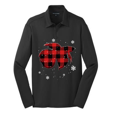 Betta Fish Plaid Christmas Silk Touch Performance Long Sleeve Polo