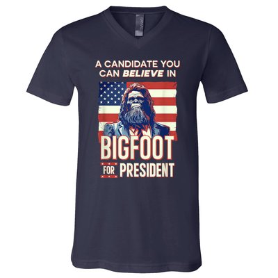 Bigfoot For President Believe Vote Elect Sasquatch Candidate V-Neck T-Shirt