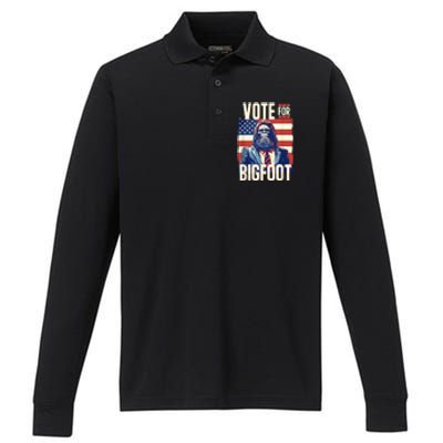 Bigfoot For President Election Vote Sasquatch Usa Flag 2024 Performance Long Sleeve Polo