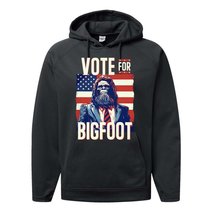 Bigfoot For President Election Vote Sasquatch Usa Flag 2024 Performance Fleece Hoodie