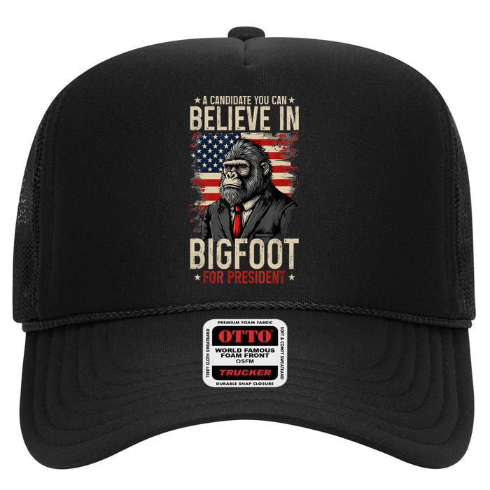 Bigfoot For President Election 2024 Funny Vote Sasquatch Usa High Crown Mesh Back Trucker Hat