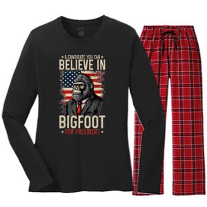 Bigfoot For President Election 2024 Funny Vote Sasquatch Usa Women's Long Sleeve Flannel Pajama Set 