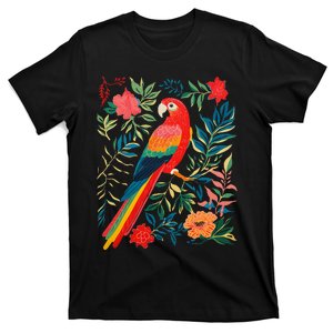 Boho Floral Parrot Scarlet Macaw Birdwatching Bird Lover T-Shirt