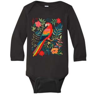 Boho Floral Parrot Scarlet Macaw Birdwatching Bird Lover Baby Long Sleeve Bodysuit