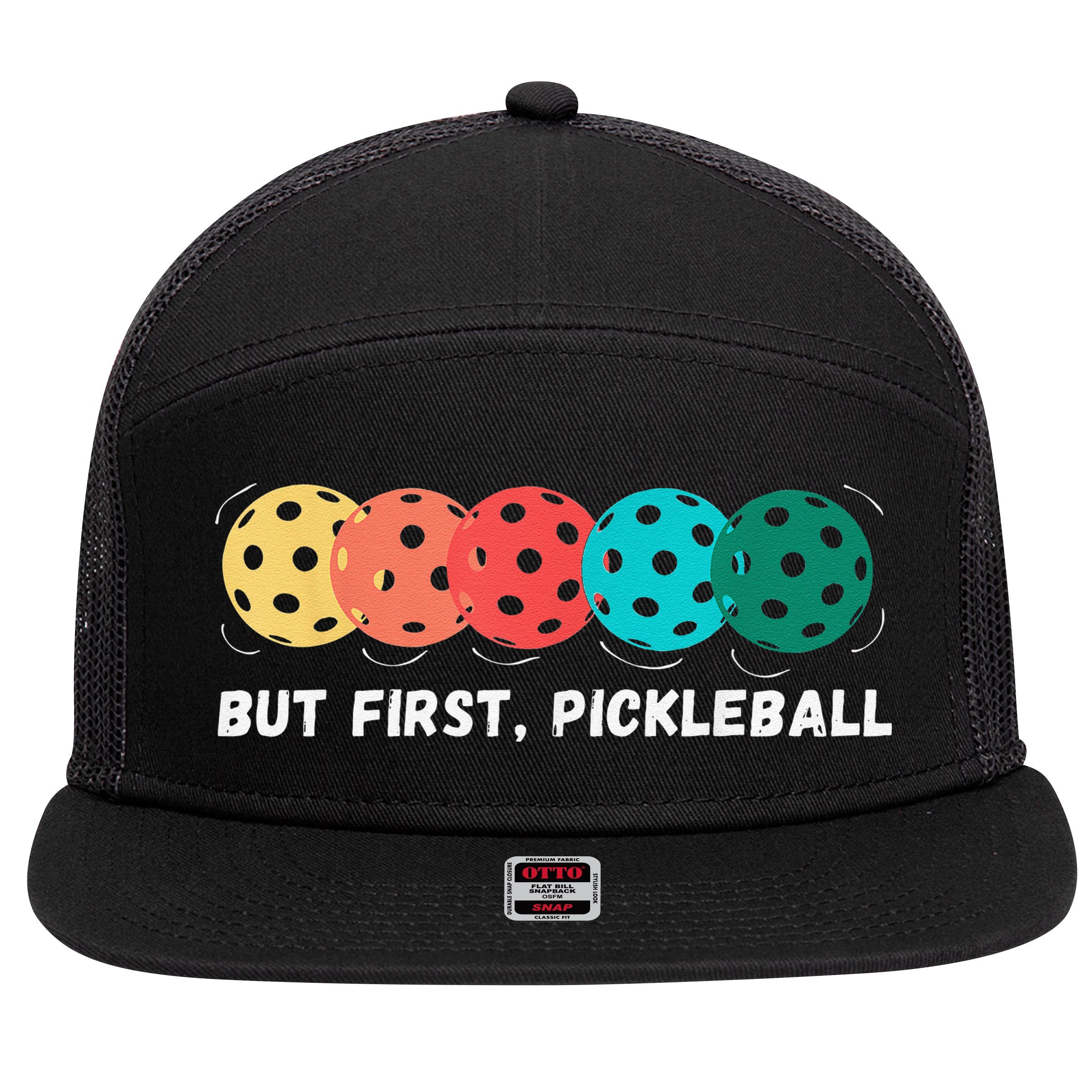 But First Pickleball, Funny Vintage Pickleball Player 7 Panel Mesh Trucker Snapback Hat